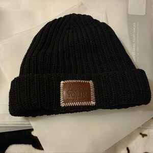 Love Your Melon Black Ribbed Cuffed Beanie with Leather Patch